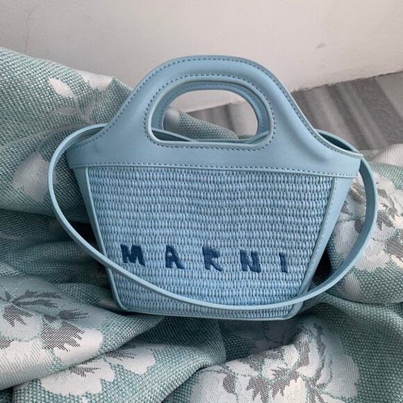 Marni Blue Raffia Tote Bag with Leather Trim - Picture 1 of 7
